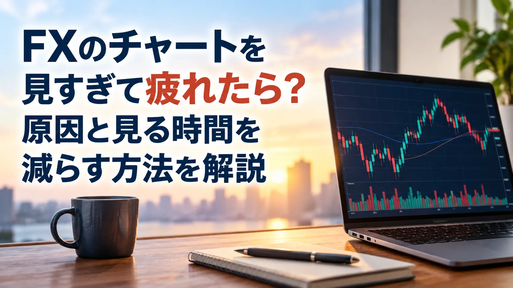 夕暮れの窓辺に、FXチャートを表示したノートパソコンとコーヒーカップが置かれたアイキャッチ画像。